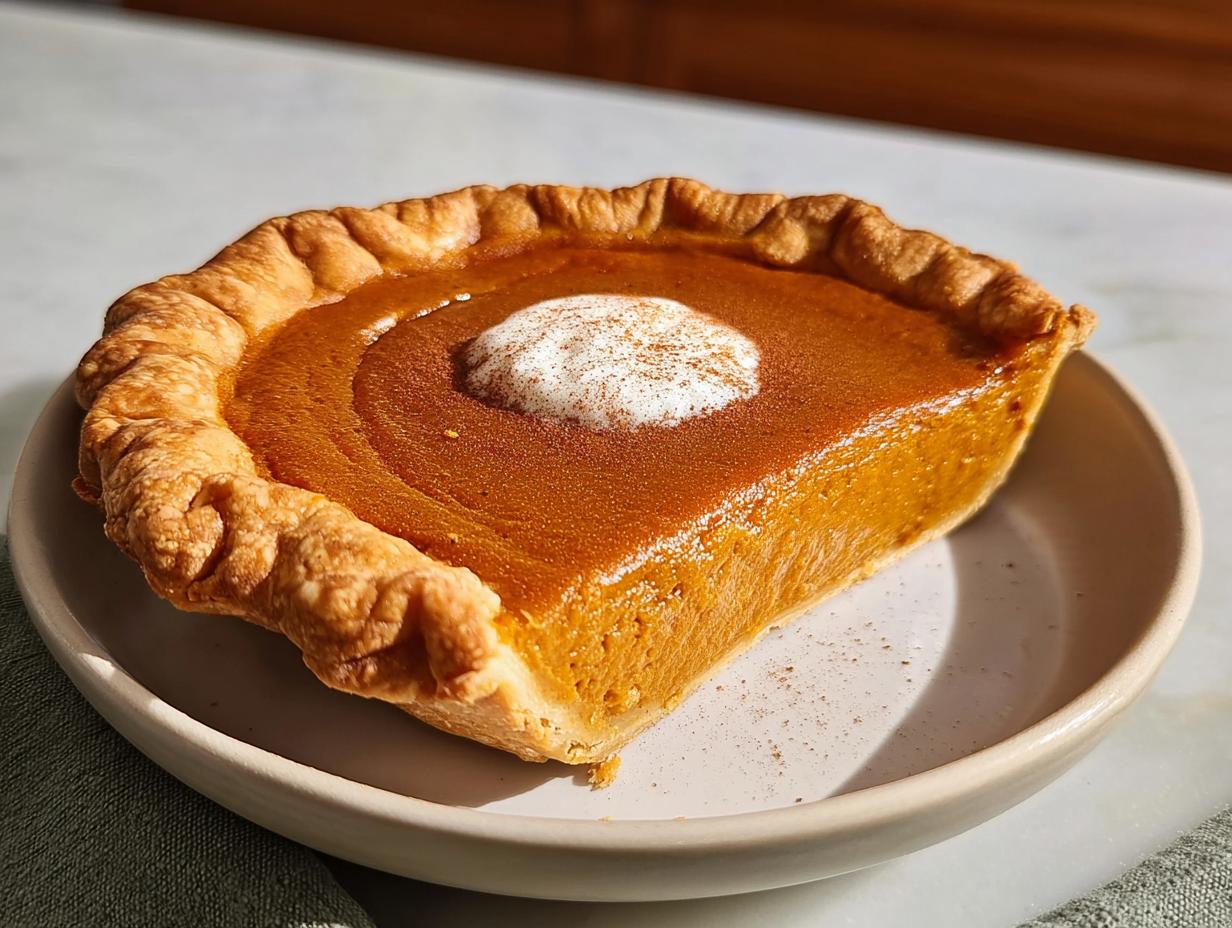 A delicious slice of sweet potato pie with a dollop of whipped cream and a sprinkle of cinnamon.