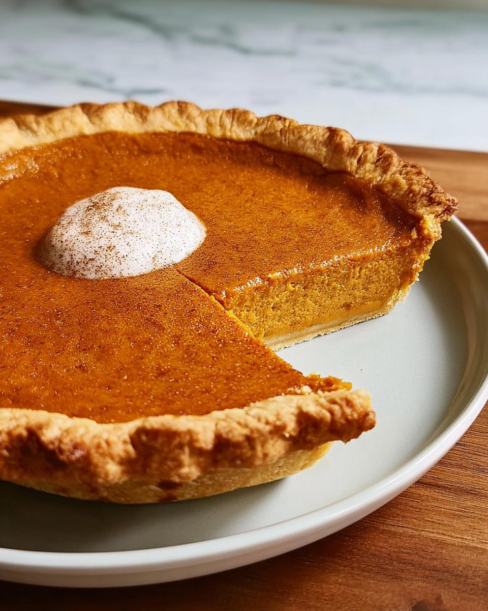 A slice of Grandma's perfect Sweet Potato Pie, topped with whipped cream and cinnamon.