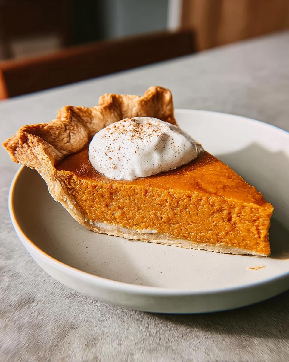 A perfect slice of Grandma's Sweet Potato Pie, topped with whipped cream and cinnamon.