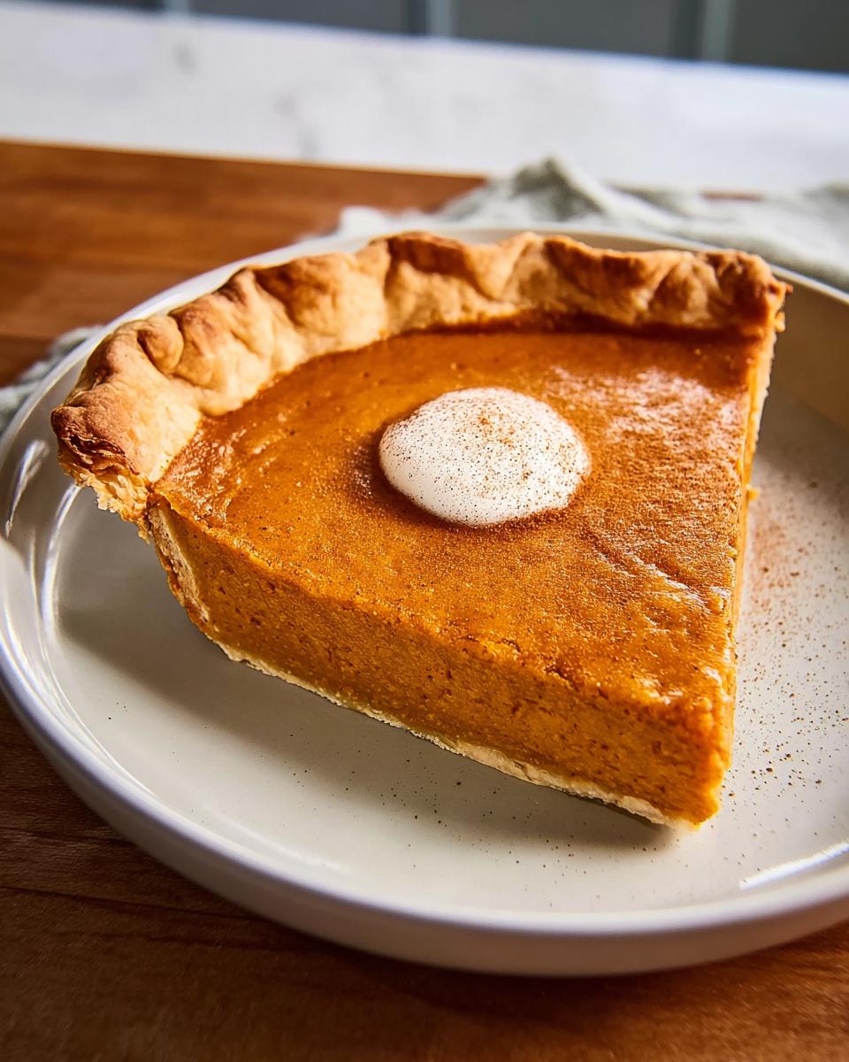 A delicious slice of Grandma's Perfect Sweet Potato Pie, topped with whipped cream and a sprinkle of cinnamon.