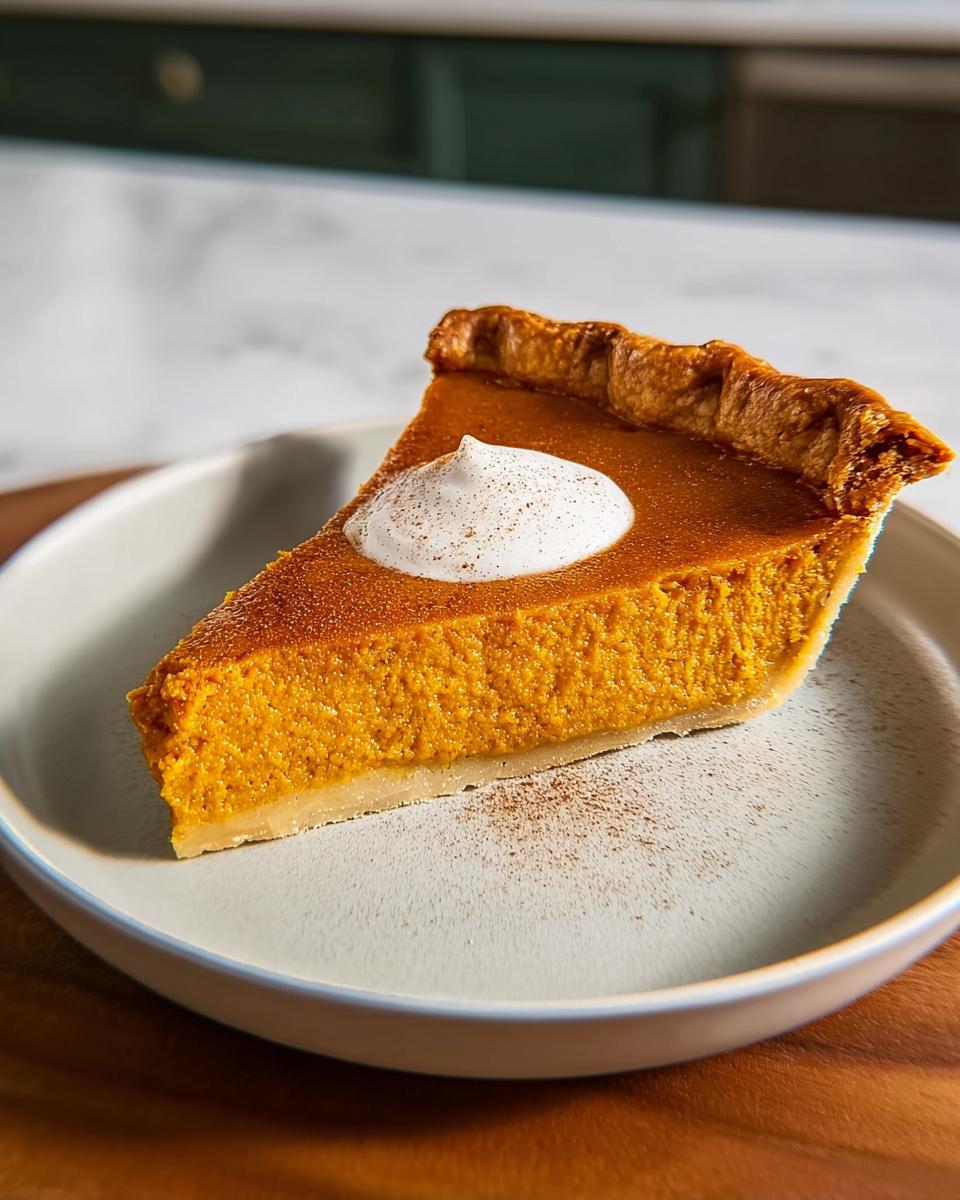 A delicious slice of Grandma's perfect Sweet Potato Pie, topped with whipped cream and a sprinkle of cinnamon.