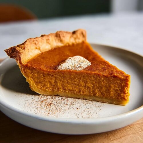 A delicious slice of Grandma's perfect sweet potato pie, topped with whipped cream and cinnamon.