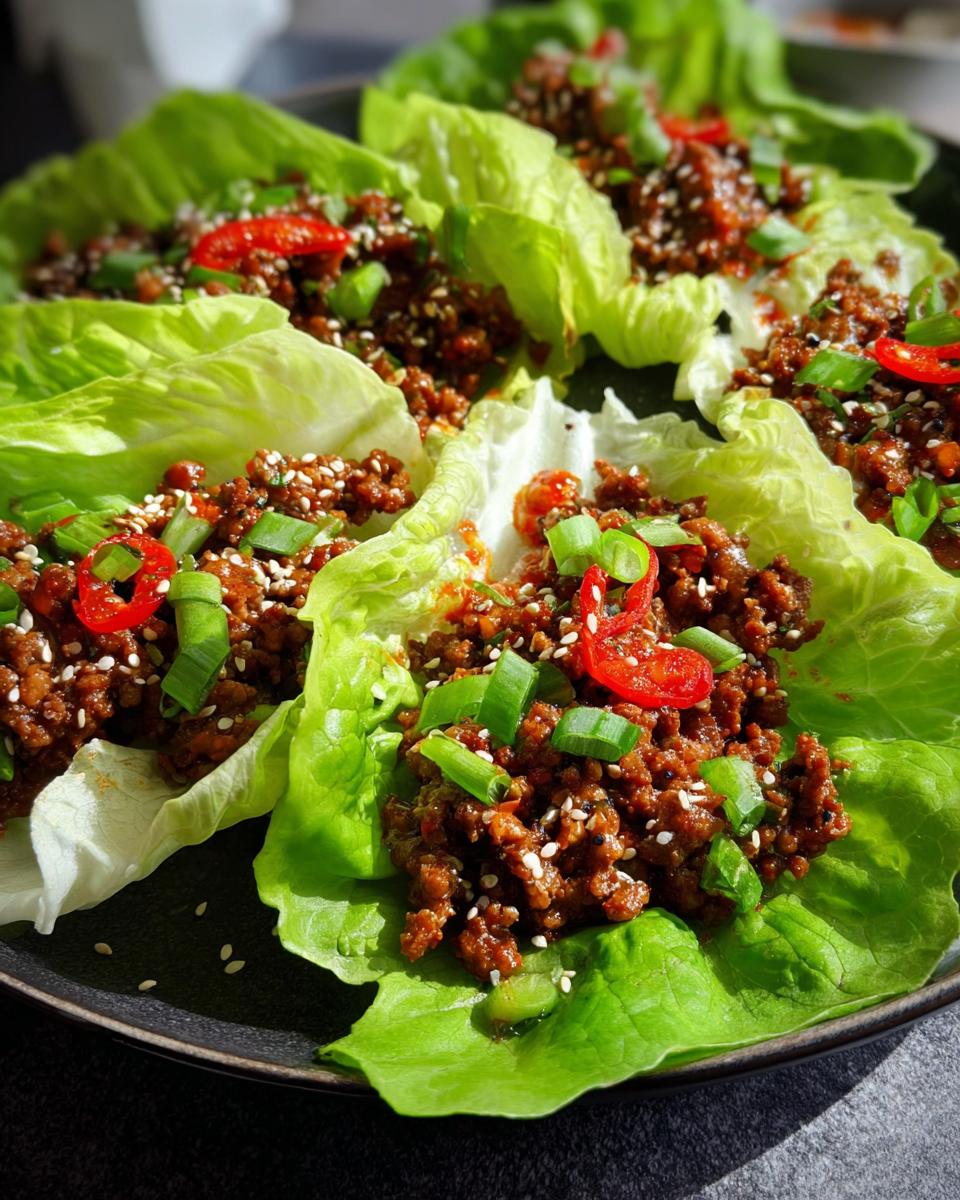 A close-up of fresh Turkey Lettuce Wraps filled with seasoned ground turkey and topped with sesame seeds, chili slices, and green onions.