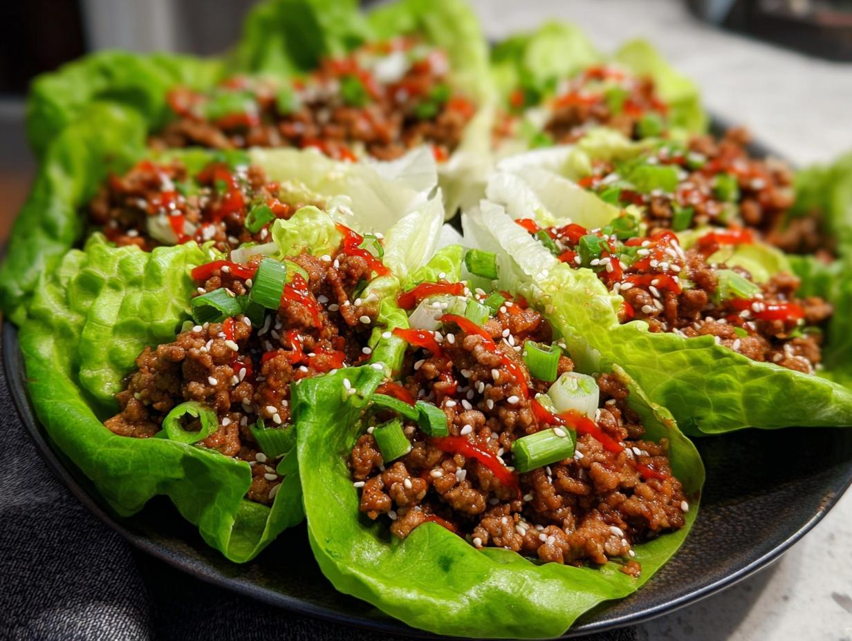 A close-up of several Turkey Lettuce Wraps filled with seasoned ground turkey and topped with green onions, sesame seeds, and a drizzle of sriracha.