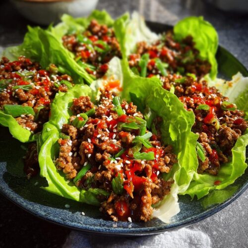 Close-up of Turkey Lettuce Wraps filled with seasoned ground turkey, topped with green onions and sesame seeds.