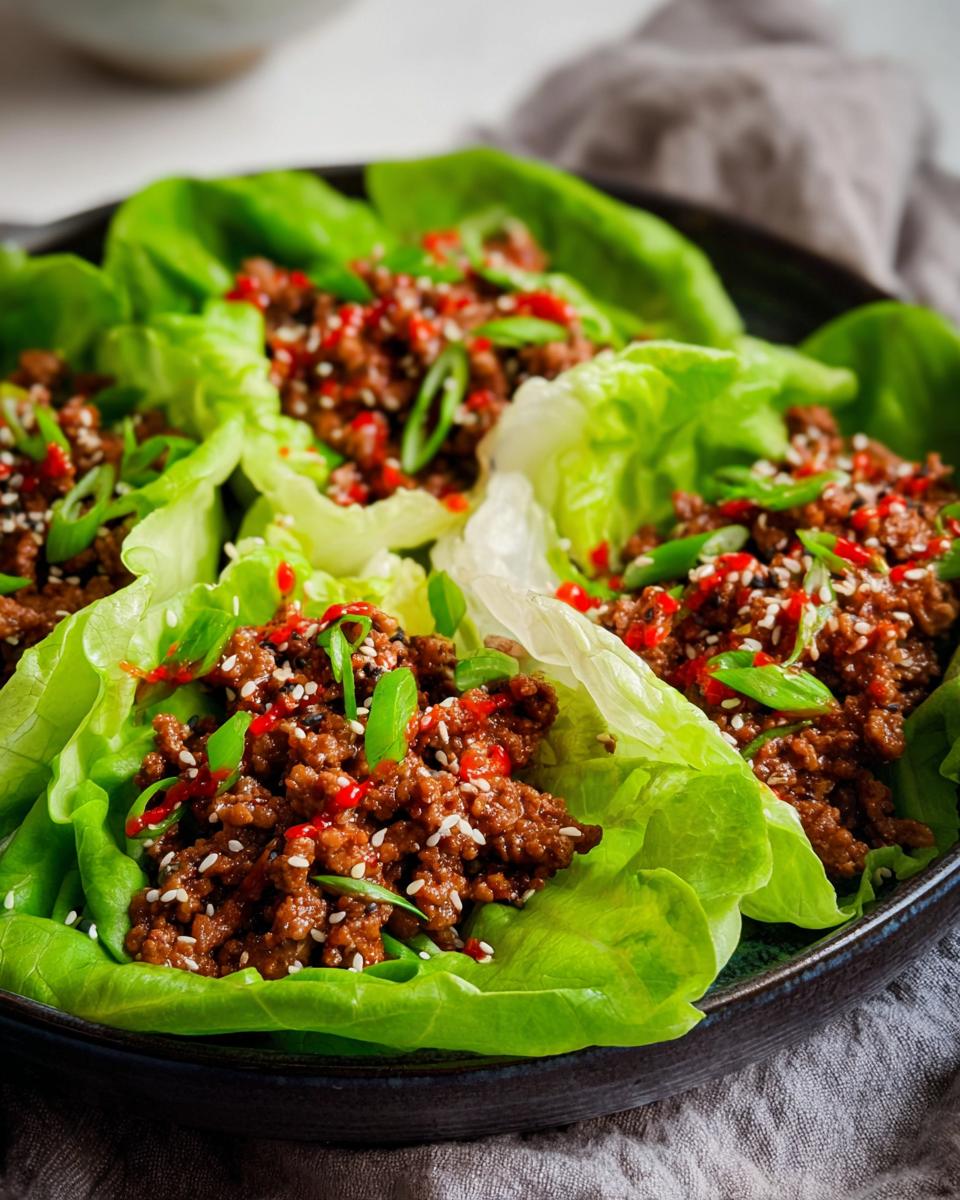 Close-up of fresh Turkey Lettuce Wraps filled with seasoned ground turkey and topped with sesame seeds and chili flakes.