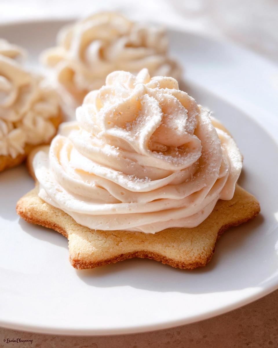 Close-up of a star-shaped sugar cookie topped with a swirl of fluffy whipped sugar cookie frosting, dusted with sugar.