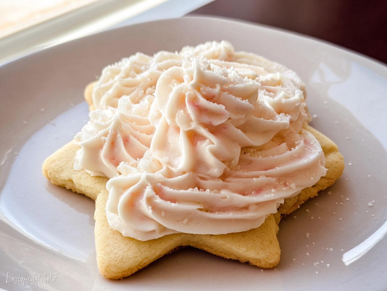 A star-shaped sugar cookie topped with fluffy, piped whipped sugar cookie frosting and sprinkled with sugar.