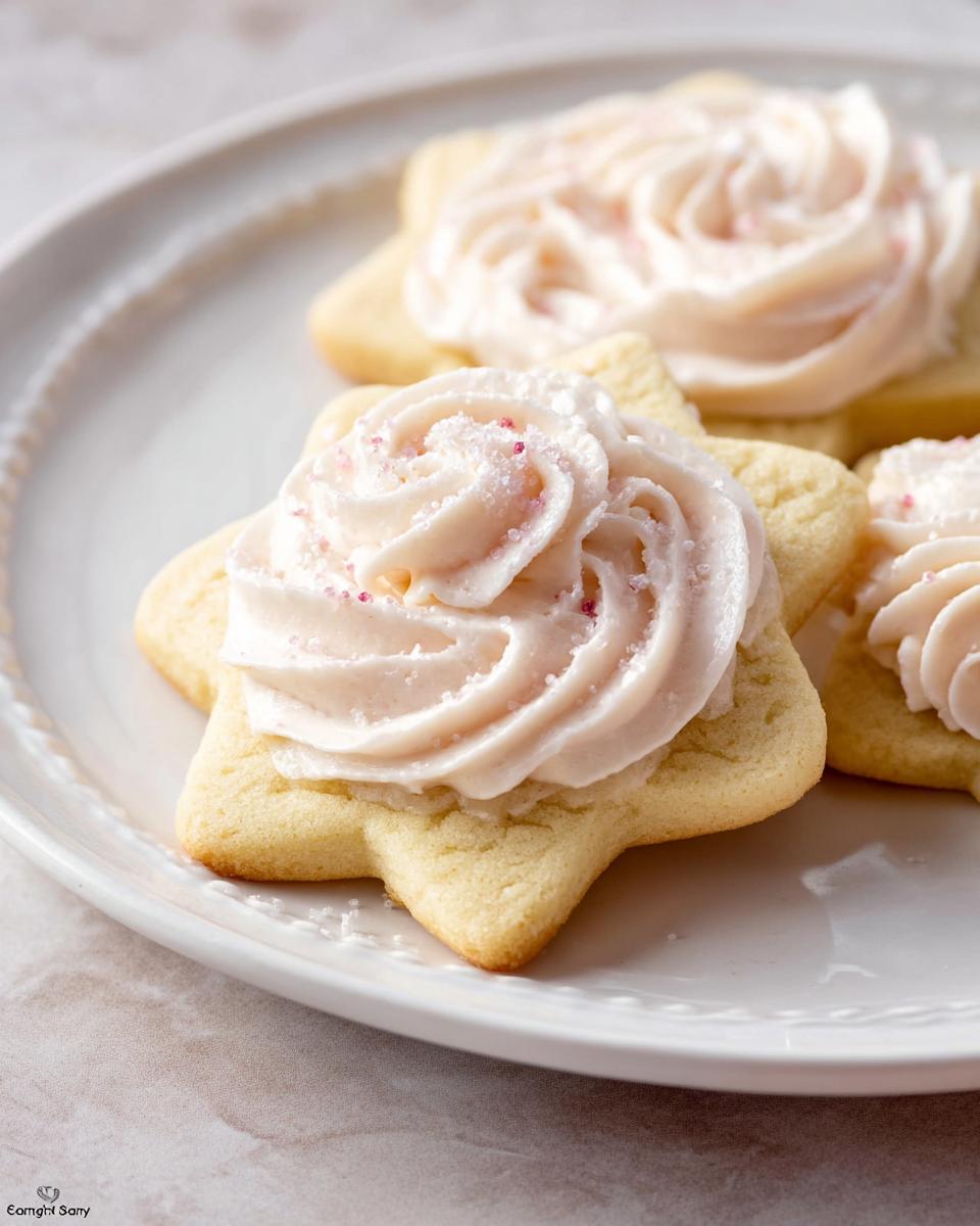 Close-up of star-shaped sugar cookies topped with fluffy whipped sugar cookie frosting and pink sprinkles.