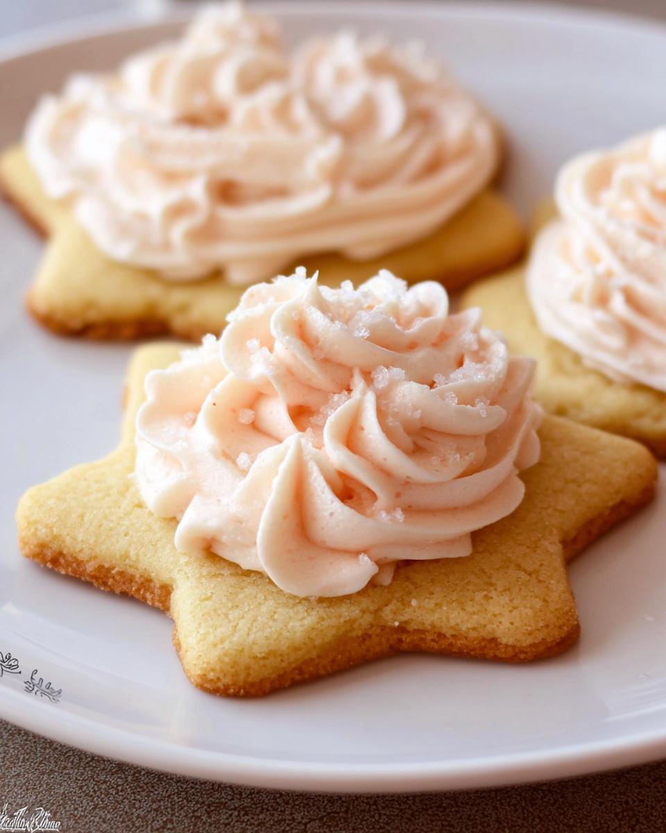 Close-up of star-shaped sugar cookies topped with fluffy, pale pink whipped sugar cookie frosting.