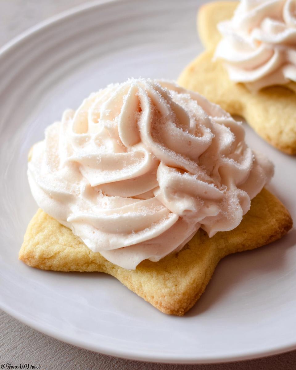 A close-up of a star-shaped sugar cookie topped with a generous swirl of fluffy whipped sugar cookie frosting.