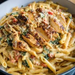 Creamy garlic chicken pasta with grilled sliced chicken on top of penne in a rich, cheesy garlic sauce with spinach and tomatoes served in a skillet.