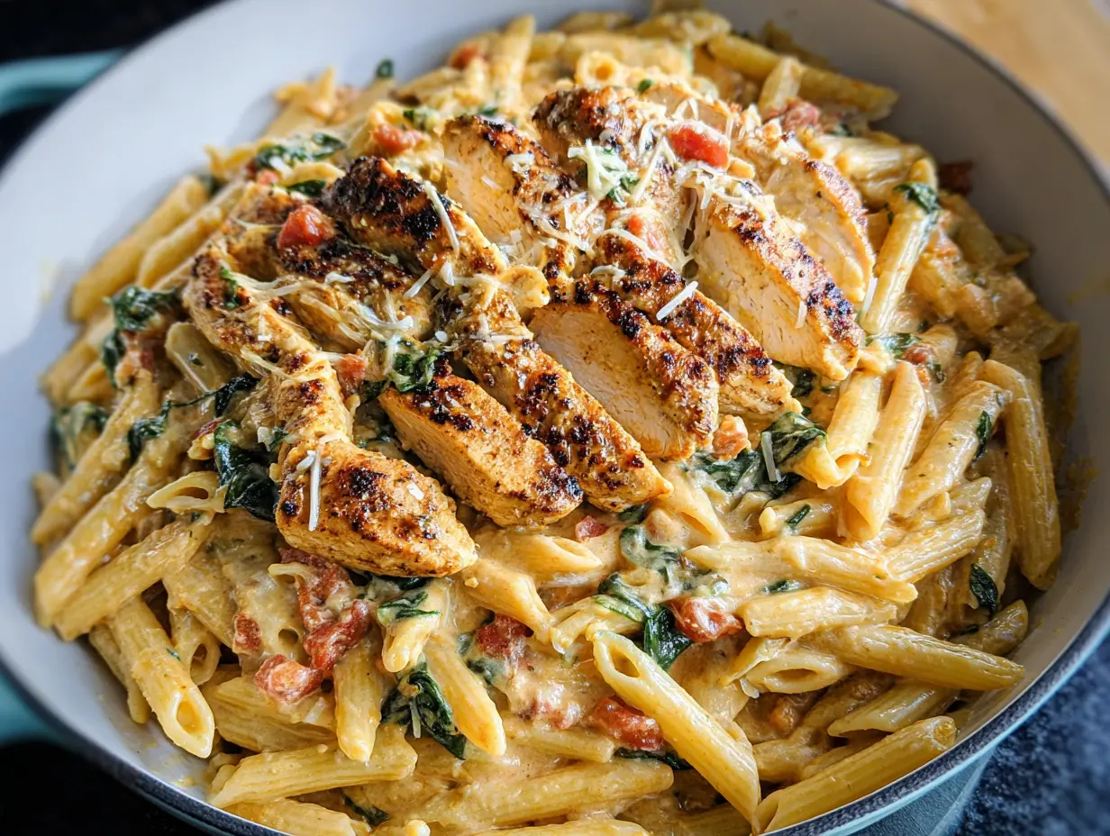 Creamy garlic chicken pasta with grilled sliced chicken on top of penne in a rich, cheesy garlic sauce with spinach and tomatoes served in a skillet.