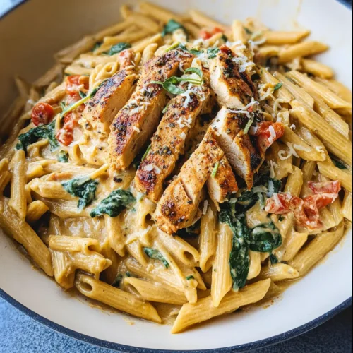 Creamy garlic chicken pasta made with penne, tender seasoned chicken slices, spinach, tomatoes, and a rich parmesan garlic sauce served in a skillet.