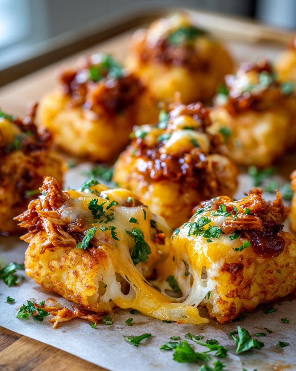 Close-up of BBQ Chicken Tater Tot Bites topped with melted cheese and parsley.
