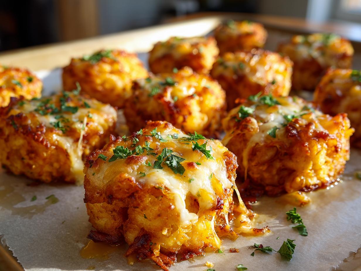 Close-up of delicious BBQ Chicken Tater Tot Bites topped with melted cheese and fresh parsley.