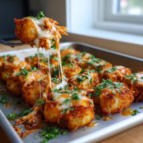 A fork lifts a cheesy BBQ Chicken Tater Tot Bite, showing gooey melted cheese stretching from the bite.