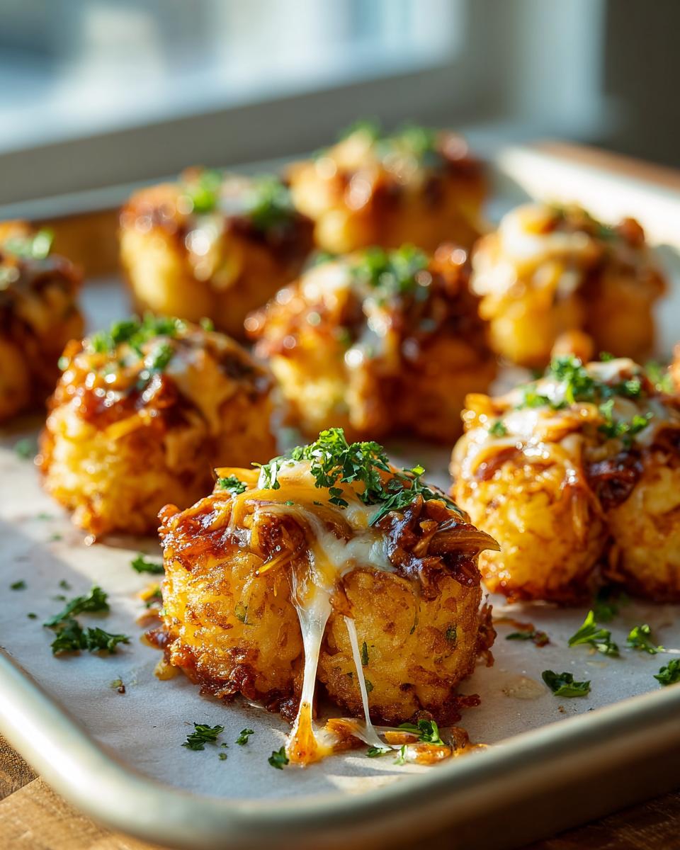 Close-up of BBQ Chicken Tater Tot Bites topped with melted cheese and fresh parsley.