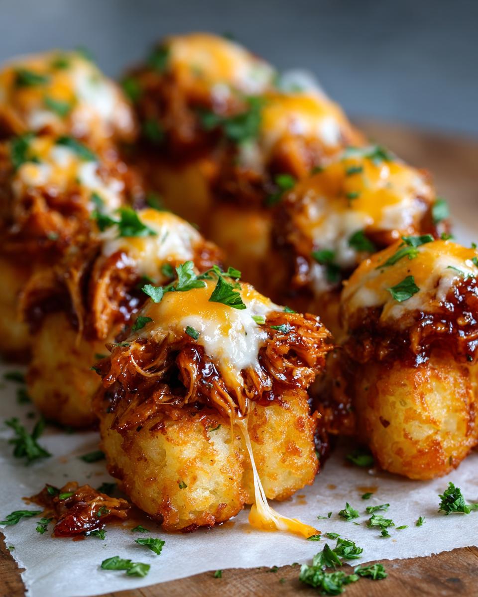 Close-up of BBQ Chicken Tater Tot Bites topped with melted cheese and fresh parsley.