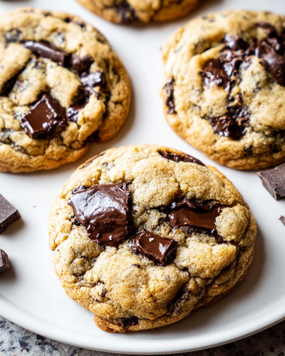 Close-up of several thick, chewy Best Chocolate Chip Cookies with melted chocolate chunks on a white plate.