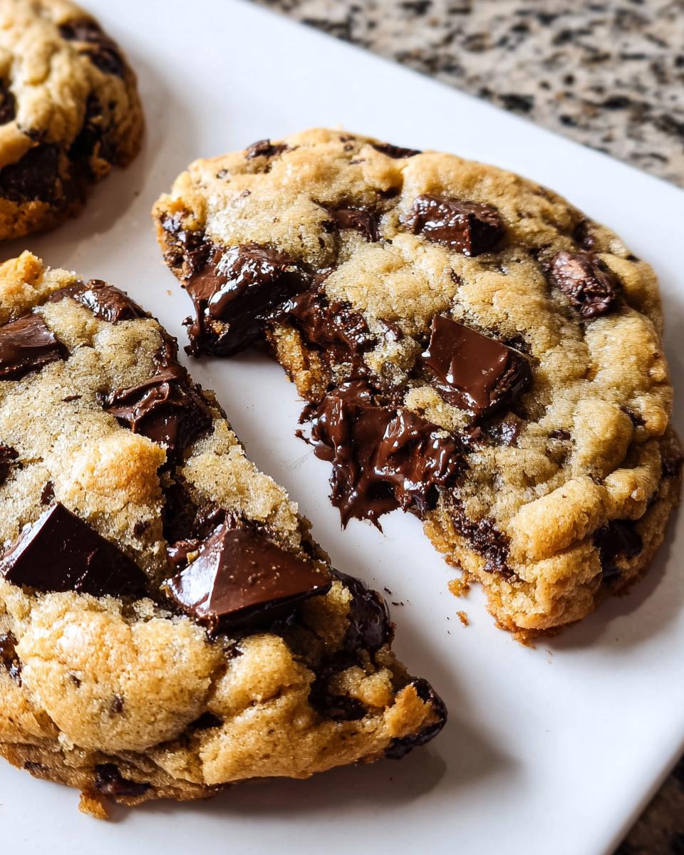 Close-up of the Best Chocolate Chip Cookies, showing one cookie broken open with melted, gooey chocolate chunks.