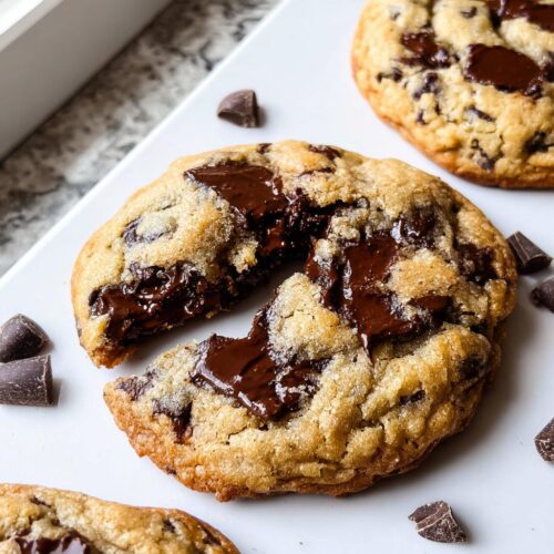 Close-up of a soft, gooey Best Chocolate Chip Cookies broken in half showing melted chocolate pools.