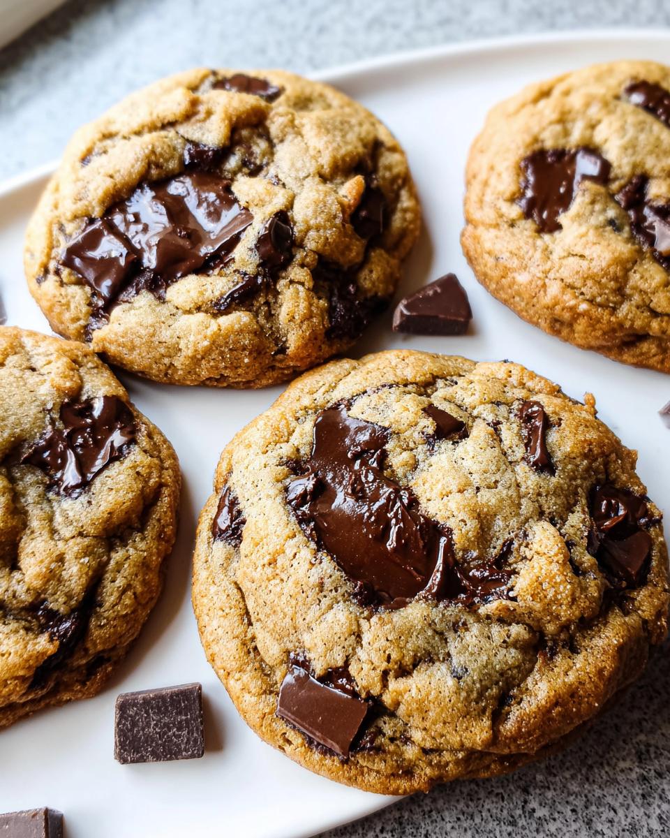 Close-up of four freshly baked Best Chocolate Chip Cookies with melted chocolate chunks on a white plate.