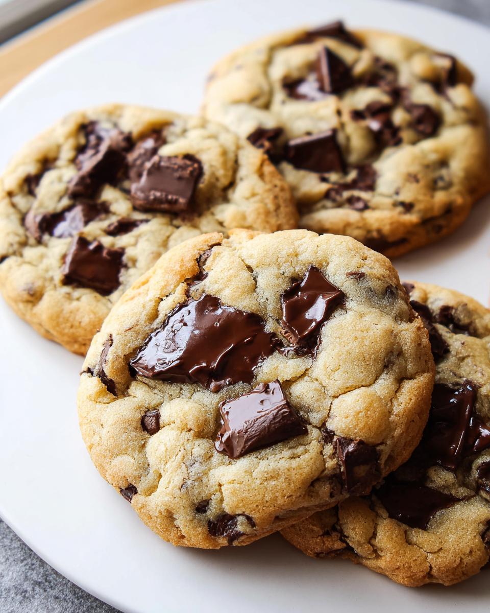 Close-up of several thick, chewy Best Chocolate Chip Cookies topped with large, melted chocolate chunks on a white plate.