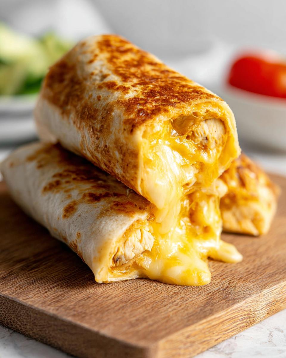 Two golden-brown Cheesy Garlic Chicken Wraps stacked, with melted cheese oozing out onto a wooden board.