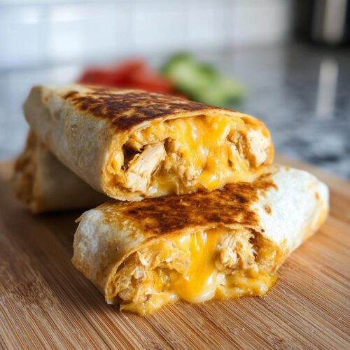 Close-up of Cheesy Garlic Chicken Wraps cut in half, showing shredded chicken and melted cheddar cheese oozing out.
