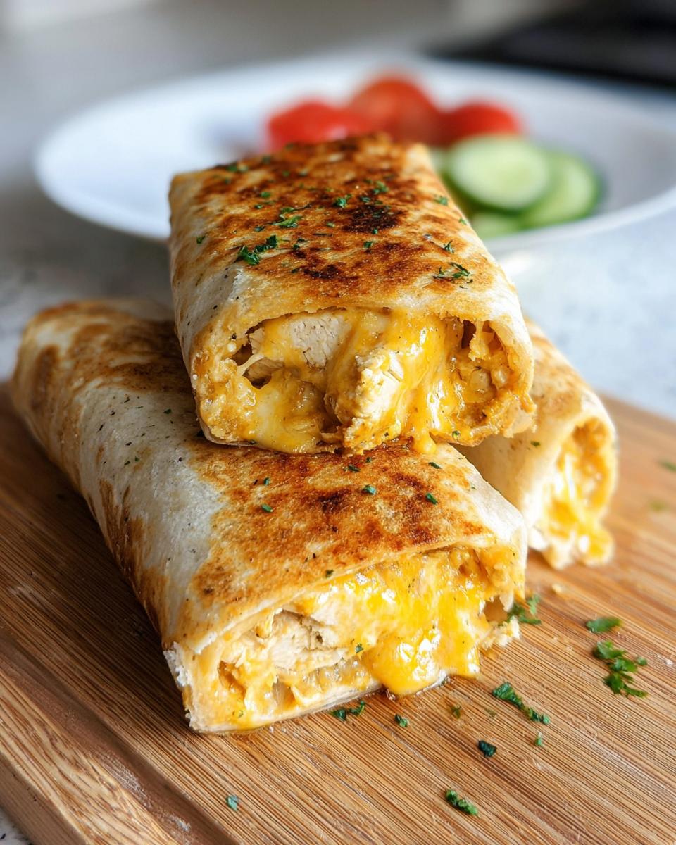 Close-up of two halves of Cheesy Garlic Chicken Wraps stacked, showing melted cheese and chicken filling.