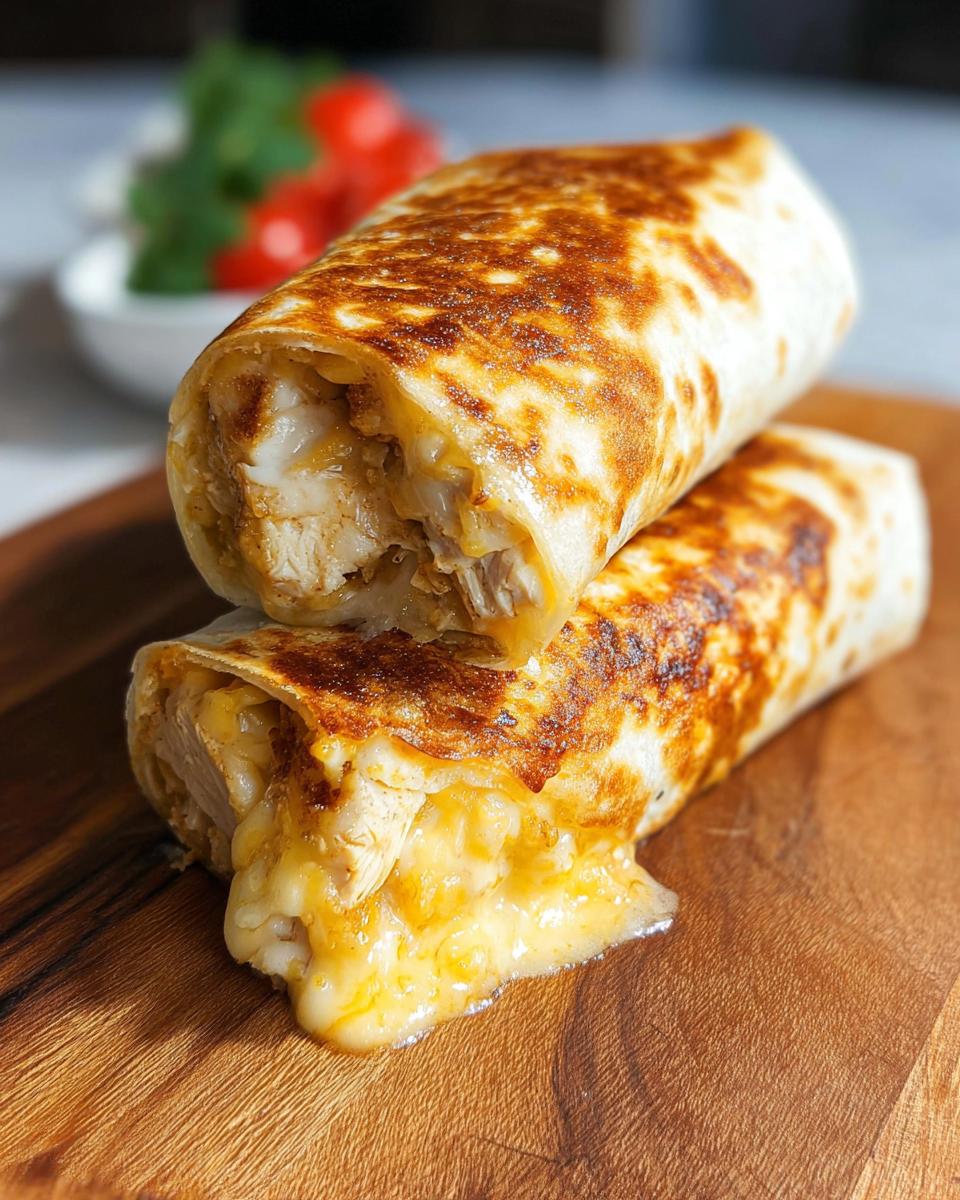 Two toasted Cheesy Garlic Chicken Wraps stacked, showing melted cheese oozing out of the bottom one.