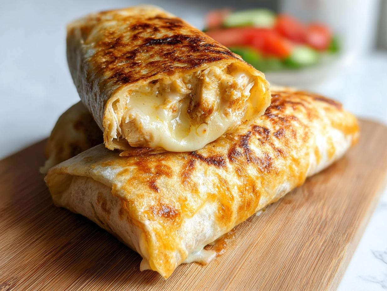 Two golden-brown Cheesy Garlic Chicken Wraps stacked, one cut open revealing melted cheese and chicken filling.