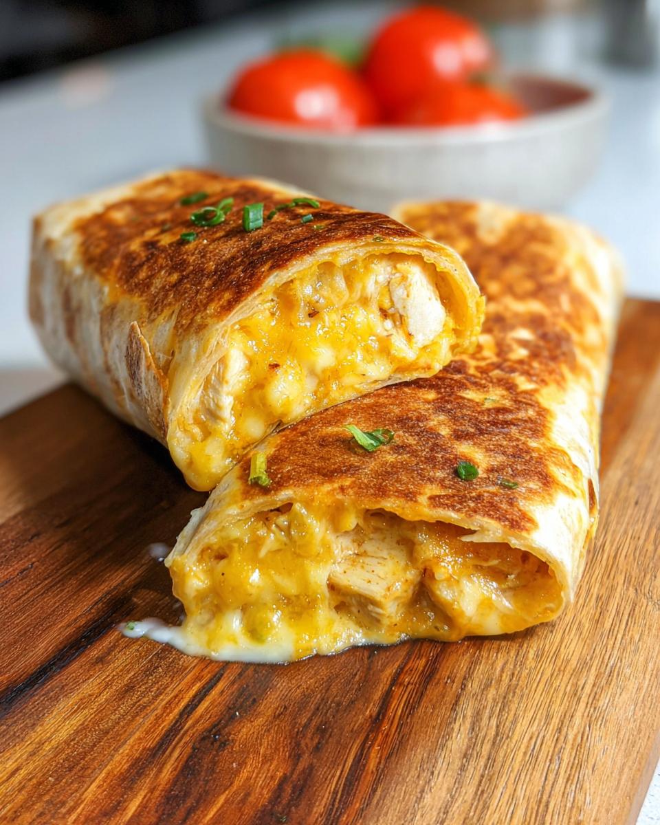 Close-up of Cheesy Garlic Chicken Wraps cut in half, showing melted cheese and chicken filling.