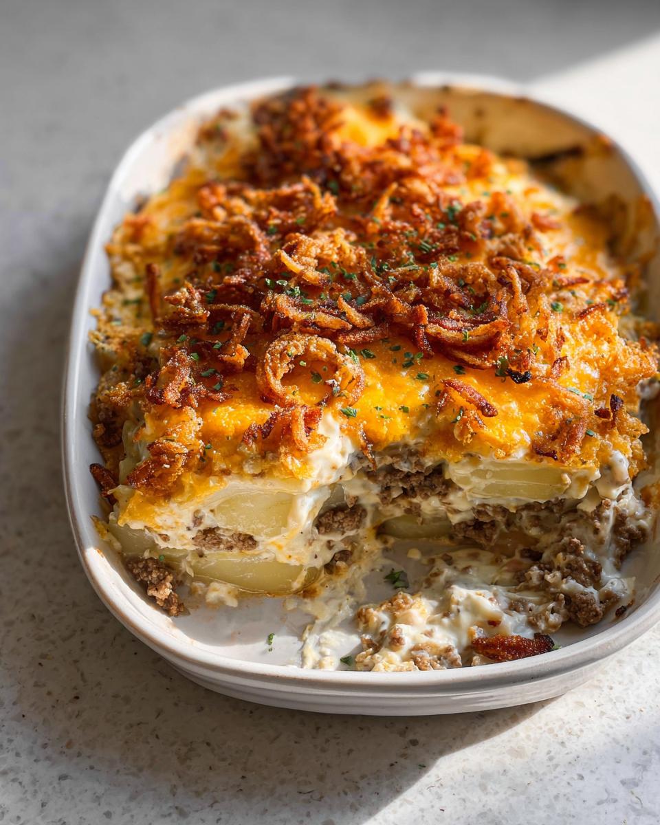 A close-up of a Cheesy Hobo Casserole with layers of potatoes, ground meat, creamy sauce, melted cheddar, and crispy fried onions.