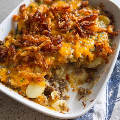 A scoop has been taken out of a Cheesy Hobo Casserole topped with melted cheddar and crispy fried onions.