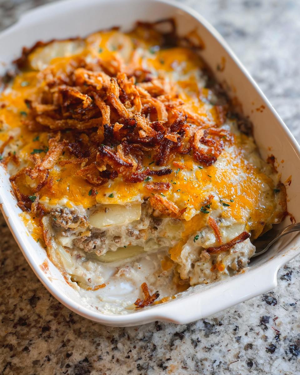 A scoop is taken out of a Cheesy Hobo Casserole showing layers of potatoes, meat, and creamy sauce, topped with melted cheddar and fried onions.