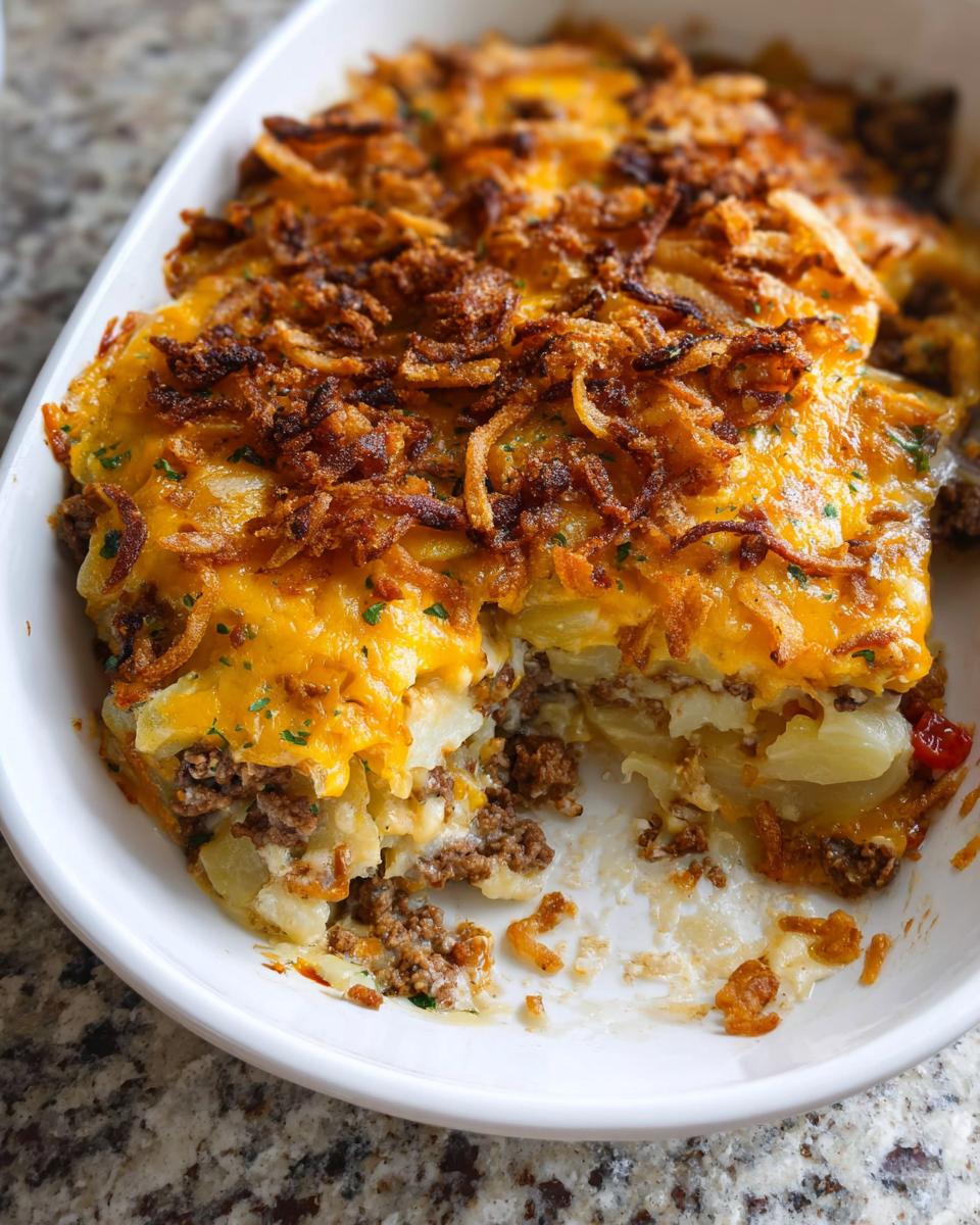 A serving dish showing a slice taken out of a Cheesy Hobo Casserole topped with melted cheddar and crispy fried onions.