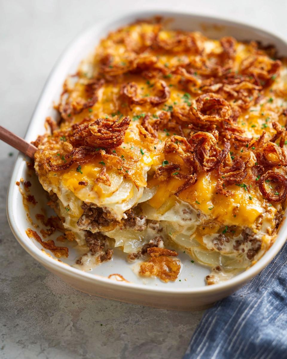 A spoonful being lifted from a Cheesy Hobo Casserole showing layers of potatoes, ground beef, melted cheddar cheese, topped with fried onions.