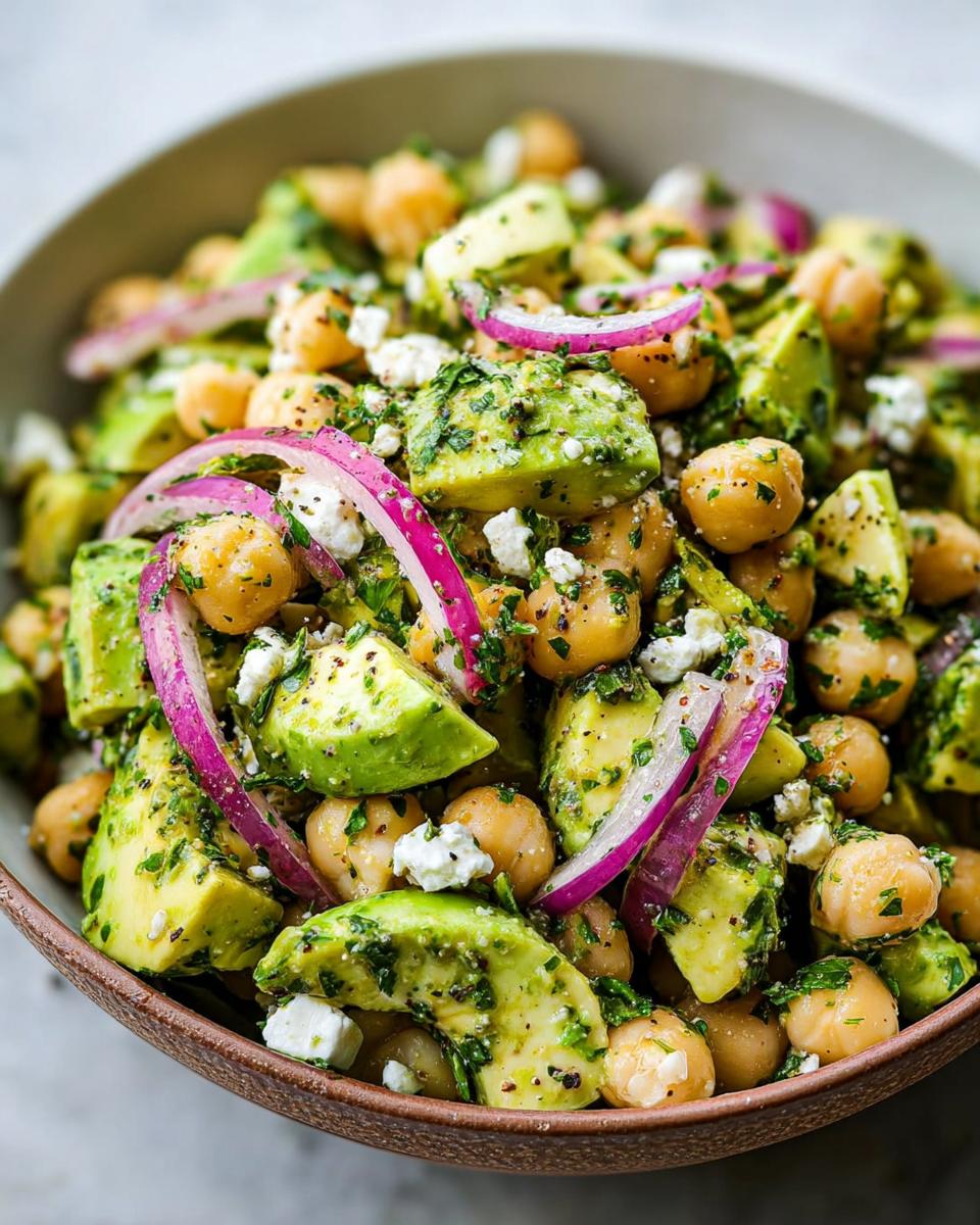 Close-up of a bowl filled with Chickpea Feta Avocado Salad, featuring chunks of avocado, chickpeas, feta, and red onion.