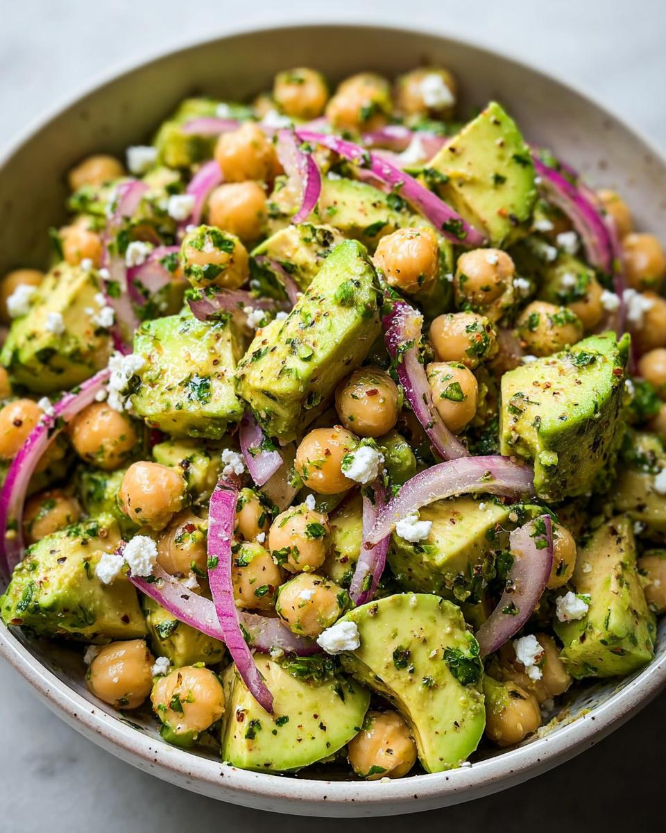 Close-up of a vibrant Chickpea Feta Avocado Salad featuring large chunks of avocado, chickpeas, red onion slices, and feta crumbles.