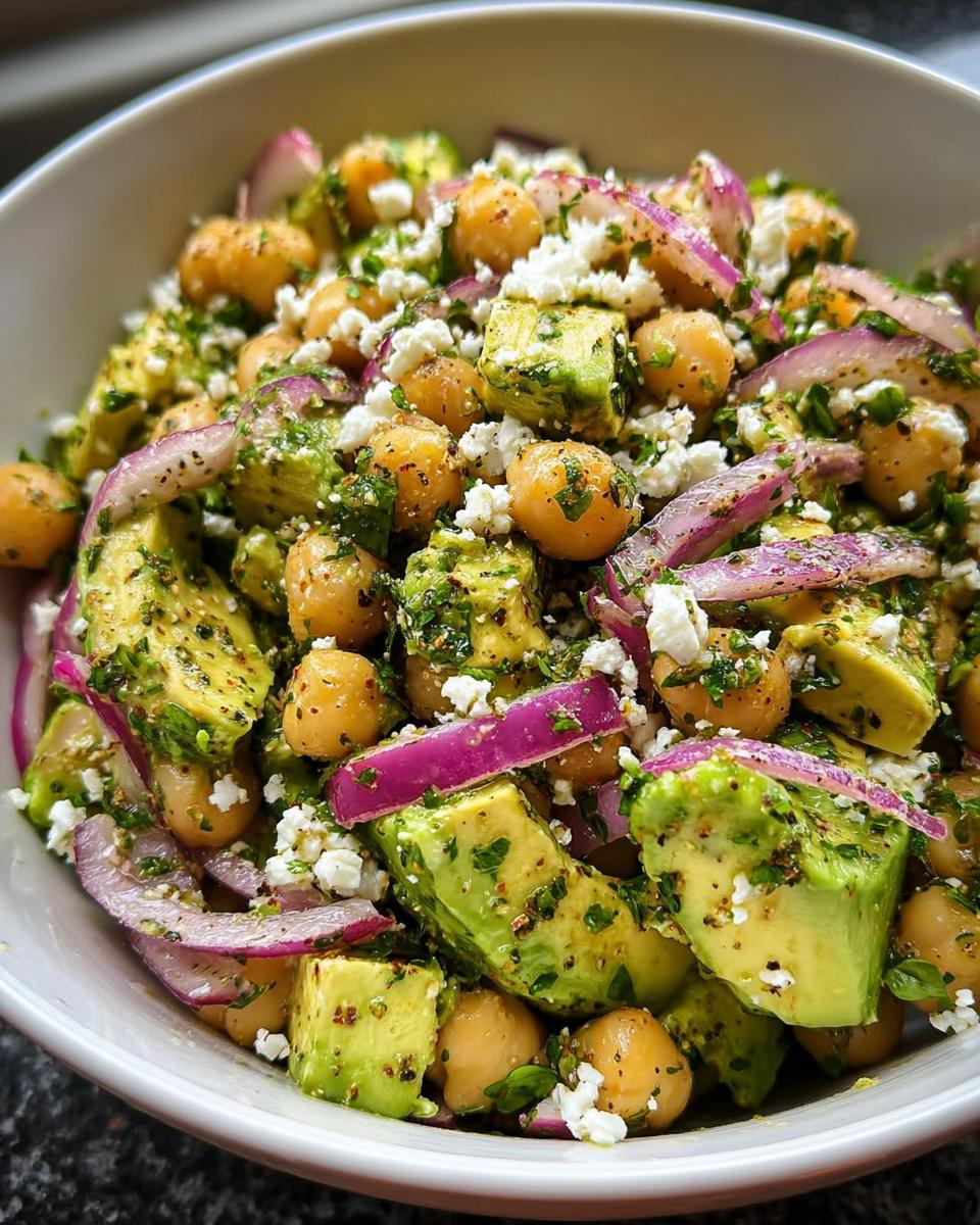Close-up of a vibrant Chickpea Feta Avocado Salad featuring chickpeas, cubed avocado, red onion slices, and crumbled feta.