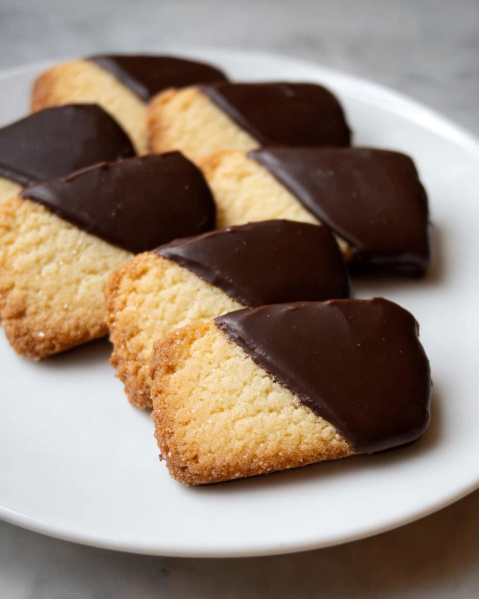 A plate of freshly baked Chocolate-Dipped Shortbread Cookies, with a crisp golden cookie base and smooth dark chocolate coating.