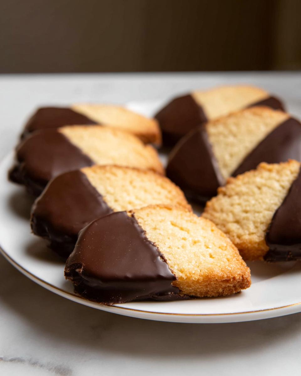 A close-up of several Chocolate-Dipped Shortbread Cookies arranged on a white plate with a gold rim.