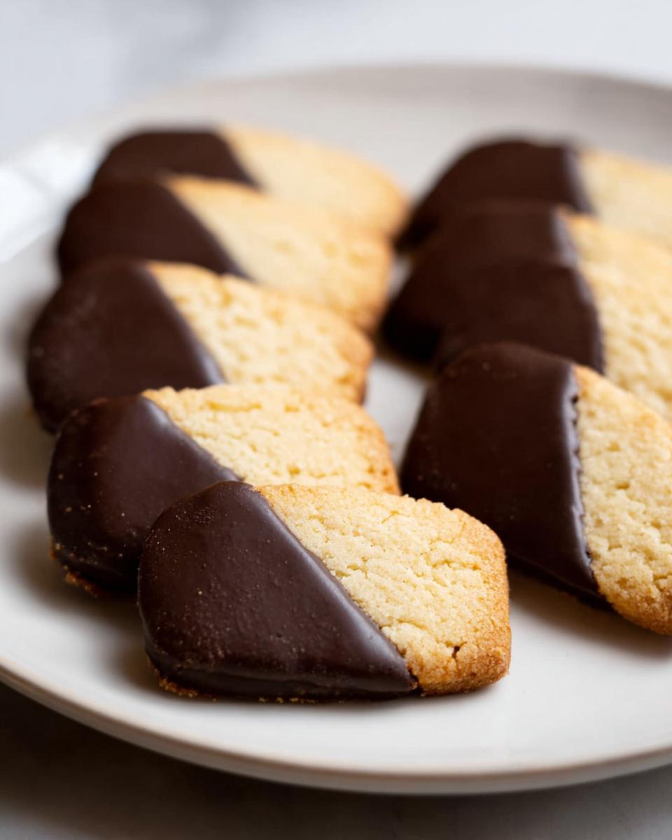 A close-up of several Chocolate-Dipped Shortbread Cookies arranged on a white plate.