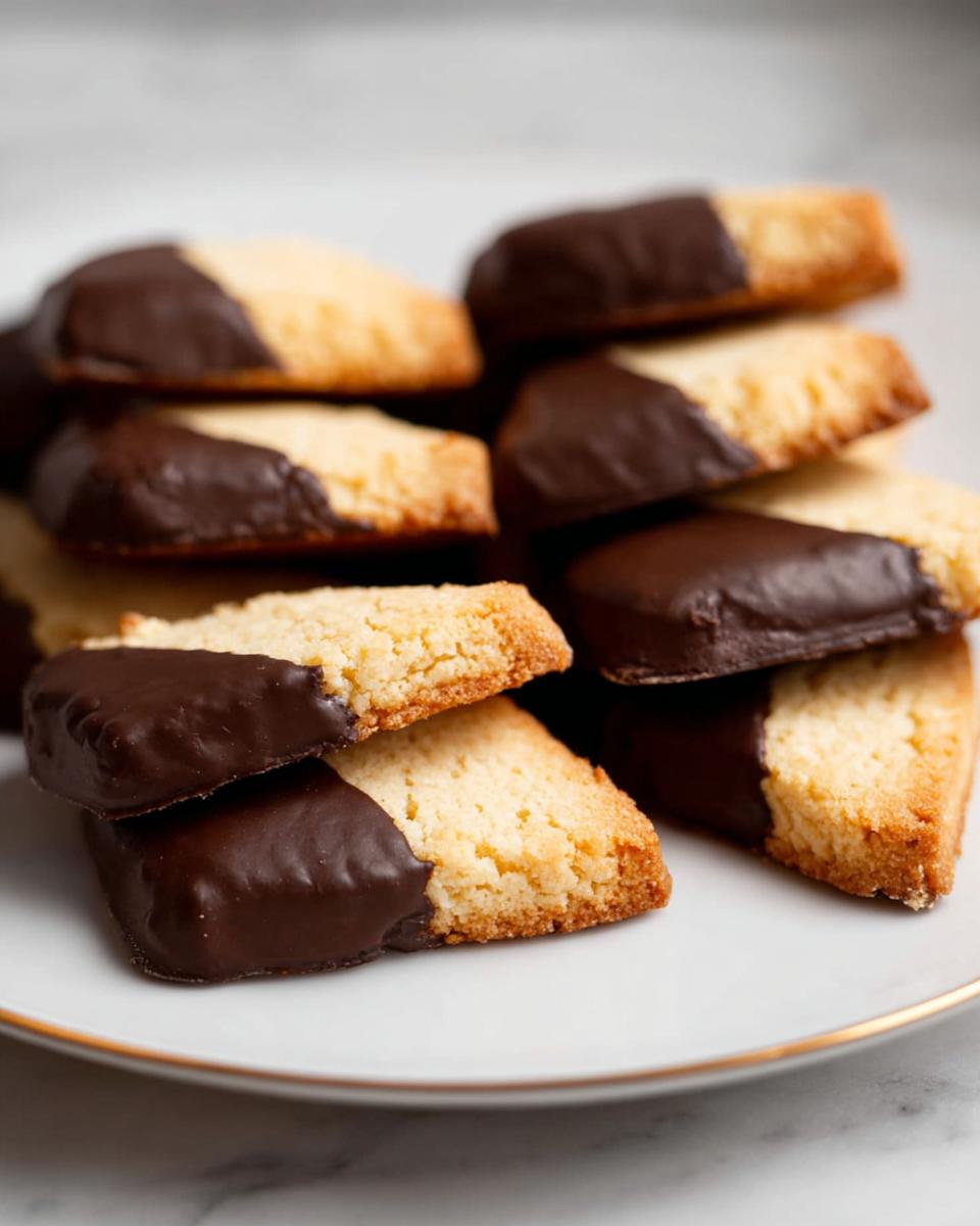 A stack of delicious Chocolate-Dipped Shortbread Cookies on a white plate with a gold rim.