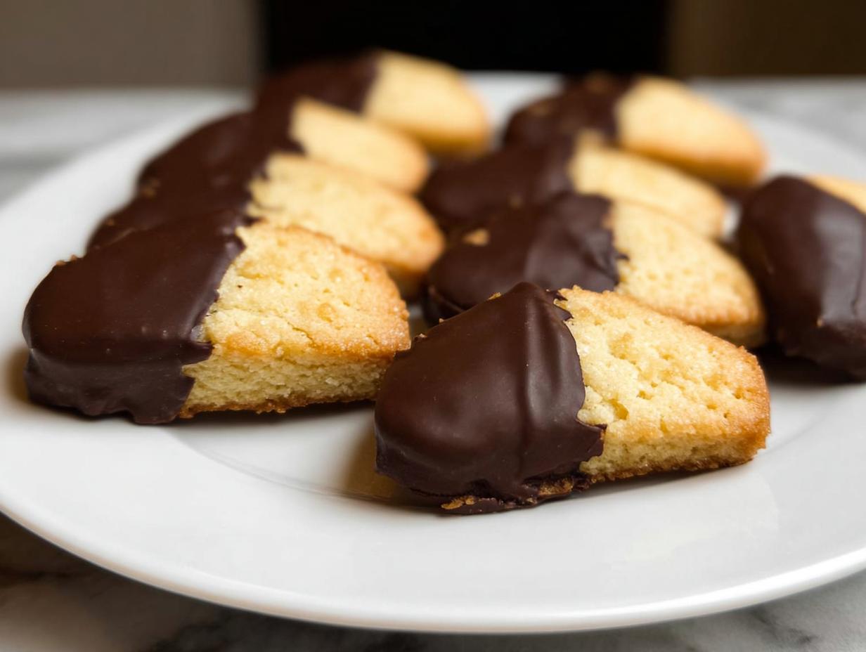 A white plate filled with delicious Chocolate-Dipped Shortbread Cookies, showcasing their golden crumb and rich chocolate coating.
