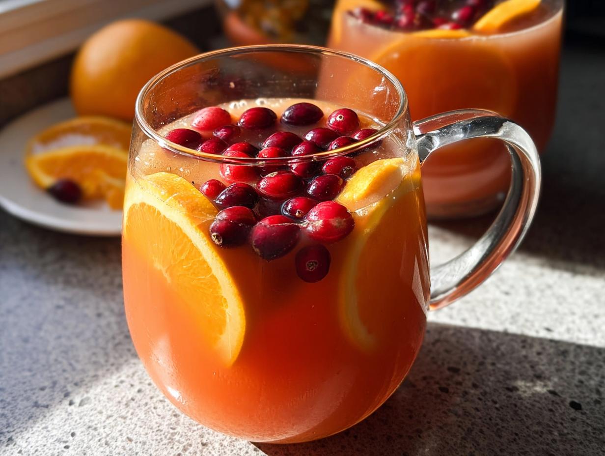 Close-up of a mug filled with vibrant Christmas Morning Punch (No Alcohol), garnished with fresh cranberries and orange slices.