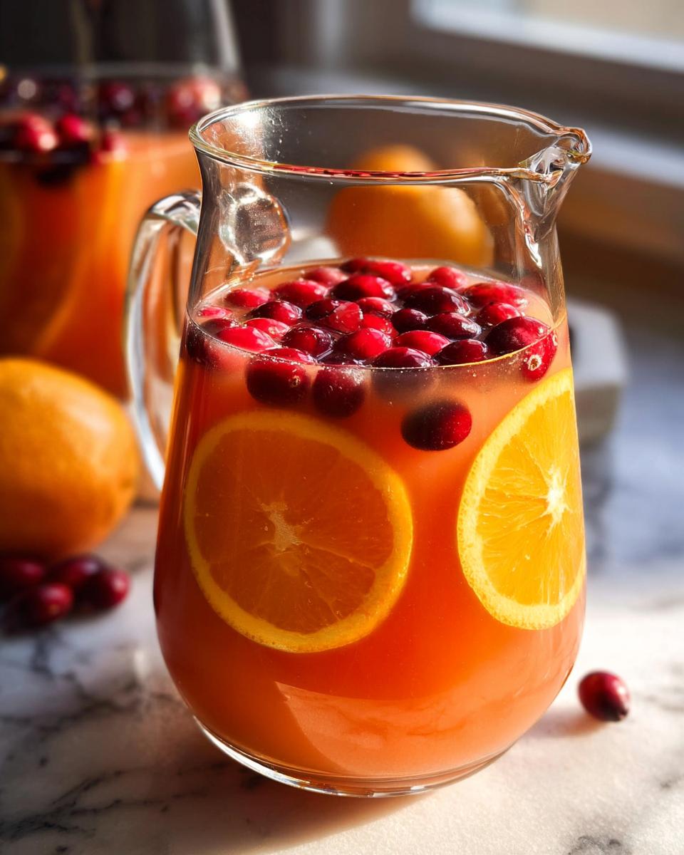 Close-up of a glass pitcher filled with bright orange Christmas Morning Punch (No Alcohol), garnished with orange slices and fresh cranberries.