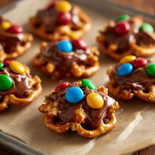 Close-up of Christmas Pretzel Treats topped with chocolate and colorful M&Ms on a baking sheet.